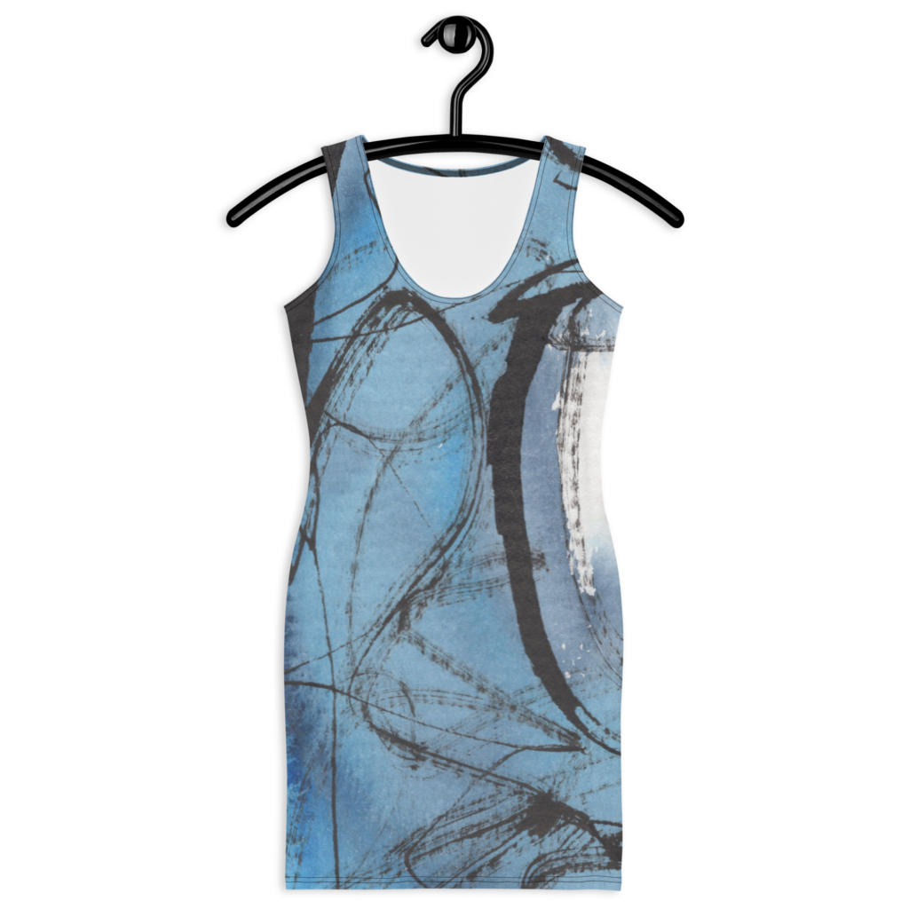 Body Con Form Fitting Mini Dress, Blue, Printed from Original Abstract Art